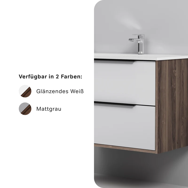 Waschtischunterschrank mit Waschbecken, 80 cm, 2 Schubladen, Weiß glänzend – MNA-FHX0802WG-WCC0802WG