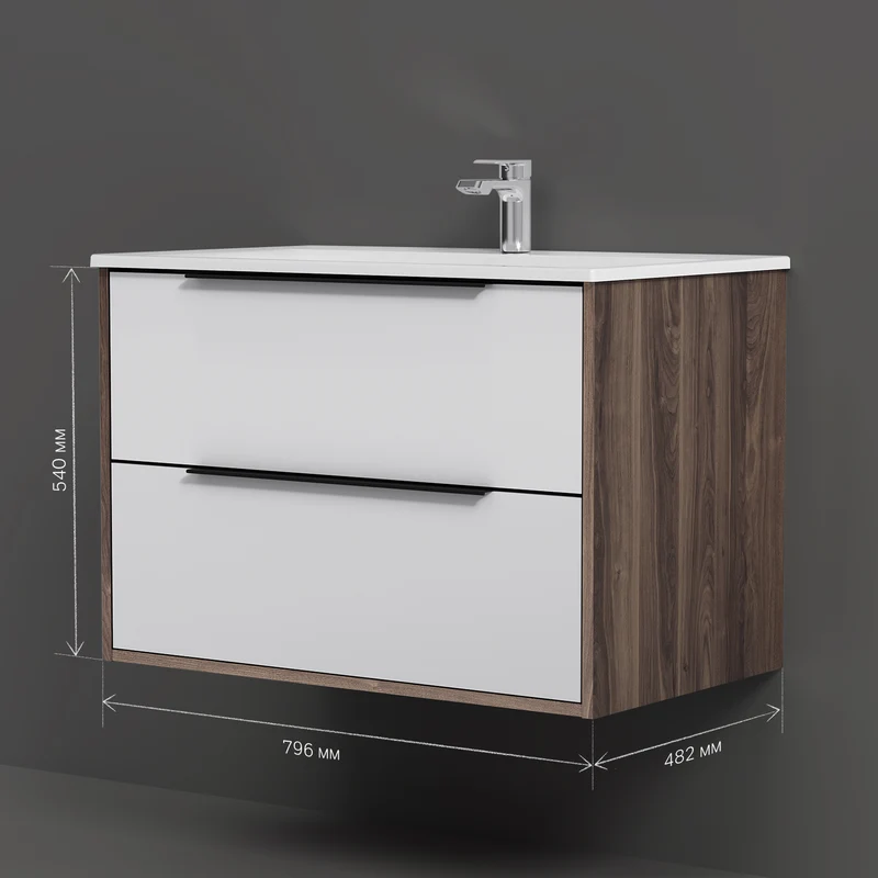 Waschtischunterschrank mit Waschbecken, 80 cm, 2 Schubladen, Weiß glänzend – MNA-FHX0802WG-WCC0802WG