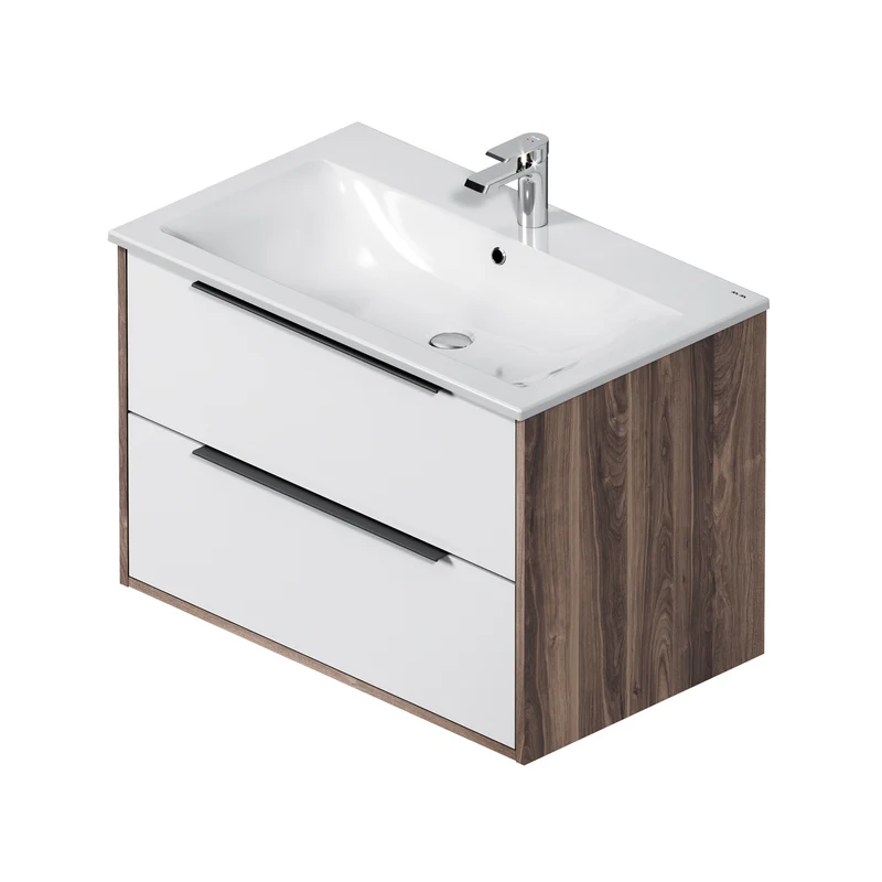 Waschtischunterschrank mit Waschbecken, 80 cm, 2 Schubladen, Weiß glänzend – MNA-FHX0802WG-WCC0802WG