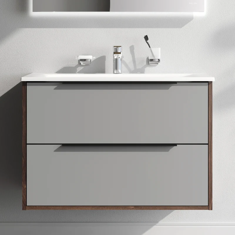 Waschtischunterschrank mit Waschbecken, 80 cm, 2 Schubladen, Graphit matt – MNA-FHX0802GM-WCC0802WG