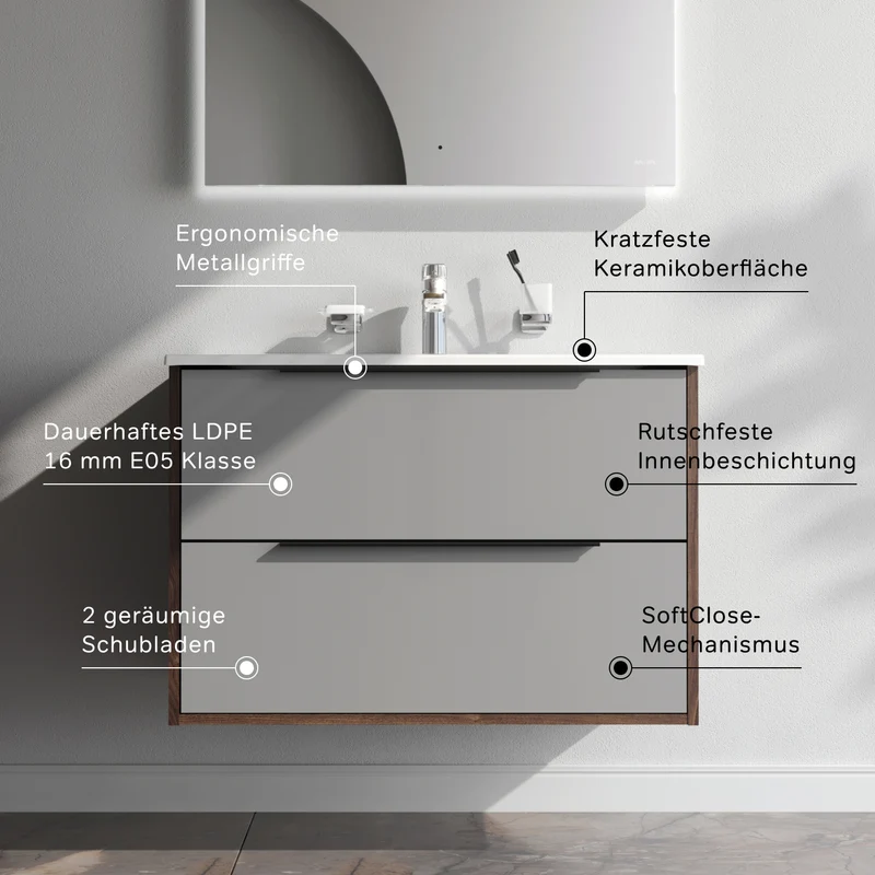 Waschtischunterschrank mit Waschbecken, 80 cm, 2 Schubladen, Graphit matt – MNA-FHX0802GM-WCC0802WG