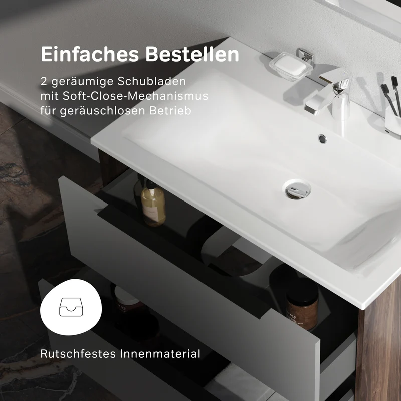 Waschtischunterschrank mit Waschbecken, 80 cm, 2 Schubladen, Graphit matt – MNA-FHX0802GM-WCC0802WG