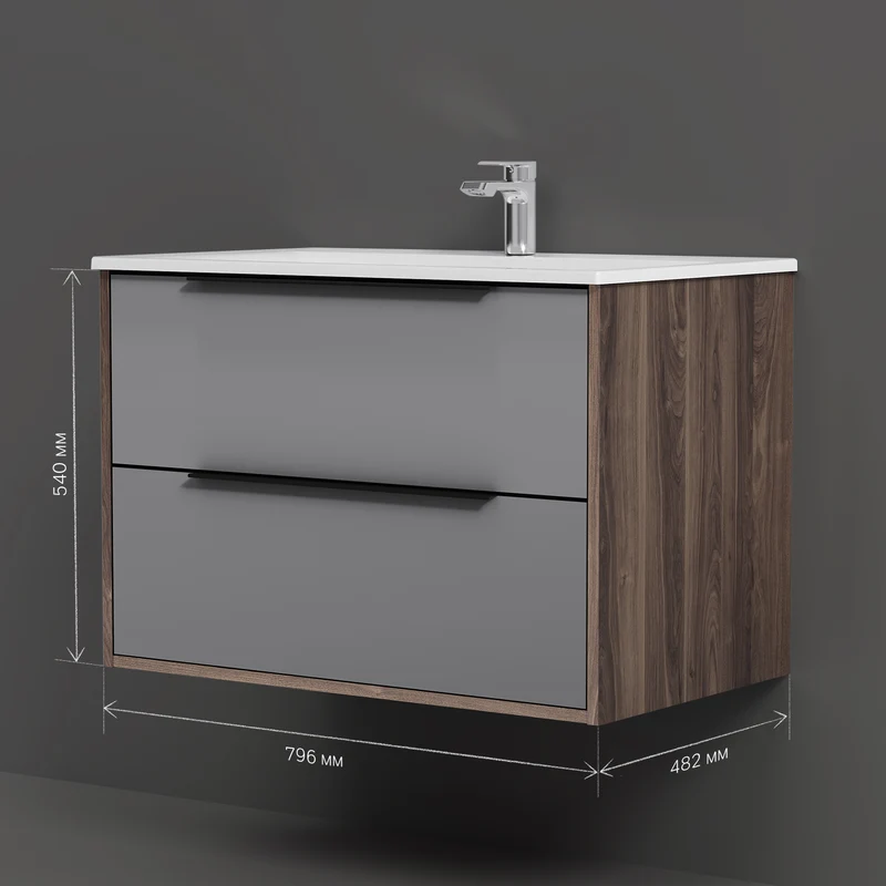 Waschtischunterschrank mit Waschbecken, 80 cm, 2 Schubladen, Graphit matt – MNA-FHX0802GM-WCC0802WG