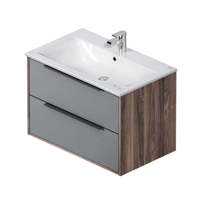 Waschtischunterschrank mit Waschbecken, 80 cm, 2 Schubladen, Graphit matt – MNA-FHX0802GM-WCC0802WG