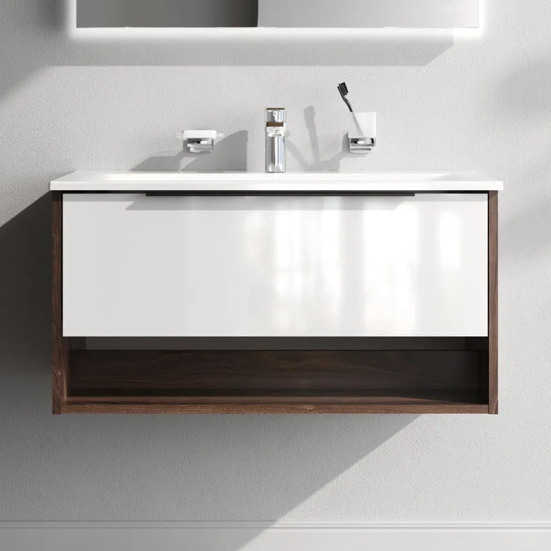 Waschtischunterschrank mit Waschbecken, 80 cm, 1 Schublade und offene Nische, Weiß glänzend – MNA-FHX0801WG-WCC0802WG