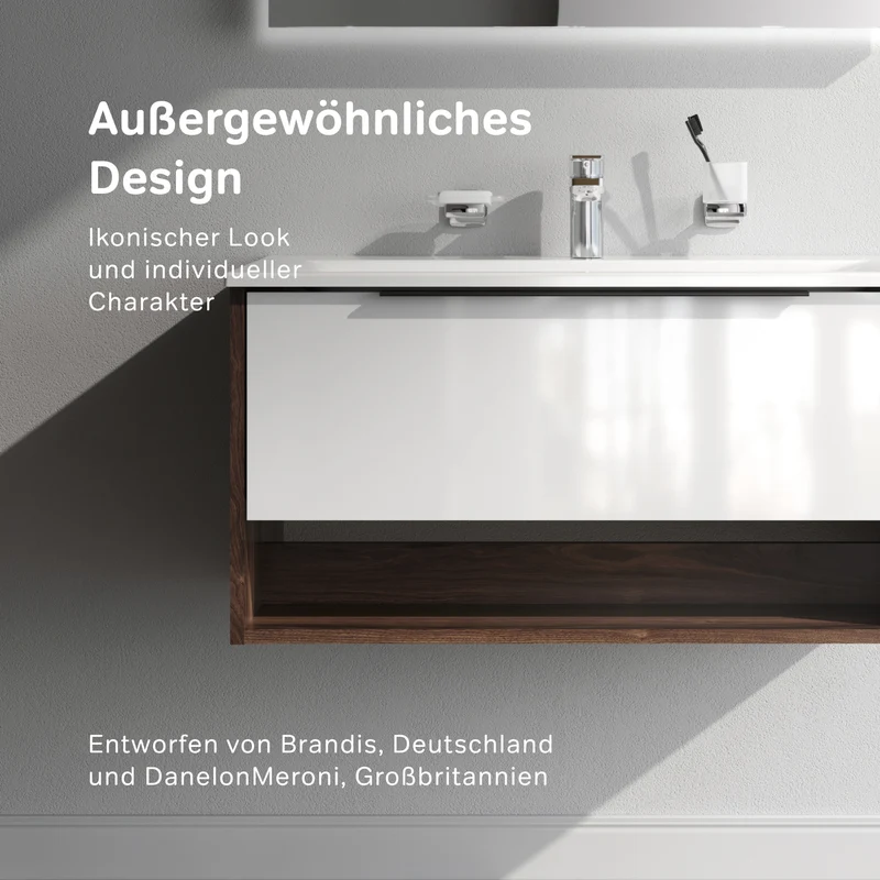 Waschtischunterschrank mit Waschbecken, 80 cm, 1 Schublade und offene Nische, Weiß glänzend – MNA-FHX0801WG-WCC0802WG