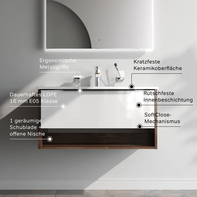 Waschtischunterschrank mit Waschbecken, 80 cm, 1 Schublade und offene Nische, Weiß glänzend – MNA-FHX0801WG-WCC0802WG