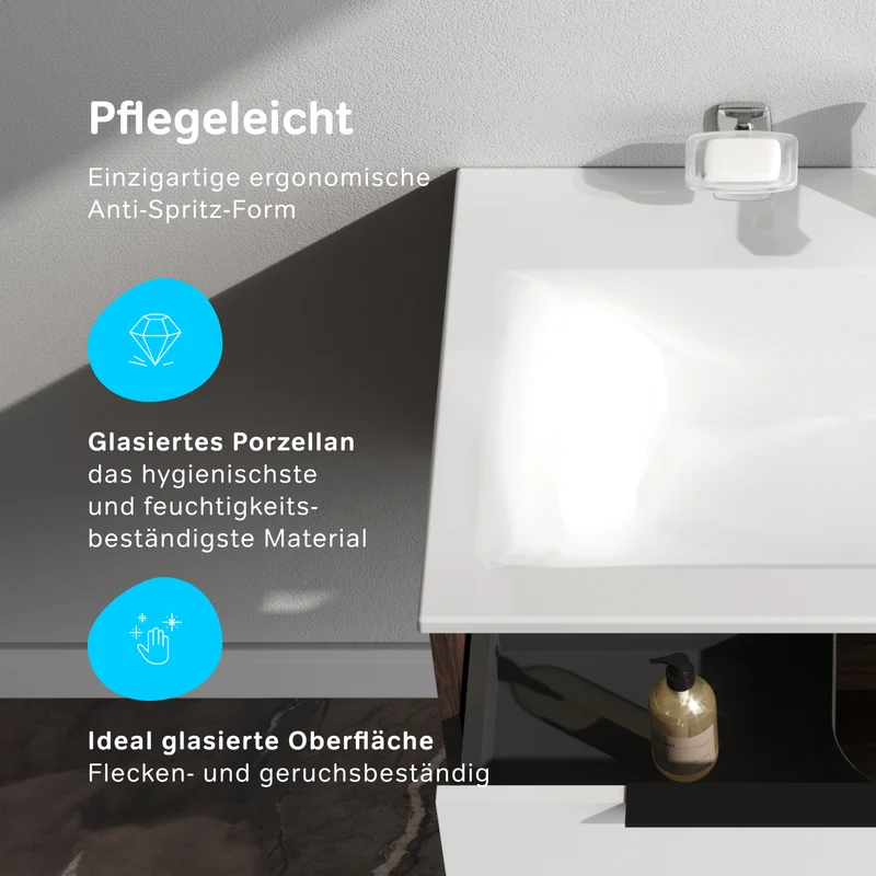 Waschtischunterschrank mit Waschbecken, 80 cm, 1 Schublade und offene Nische, Weiß glänzend – MNA-FHX0801WG-WCC0802WG