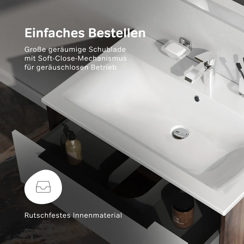 Waschtischunterschrank mit Waschbecken, 80 cm, 1 Schublade und offene Nische, Weiß glänzend – MNA-FHX0801WG-WCC0802WG