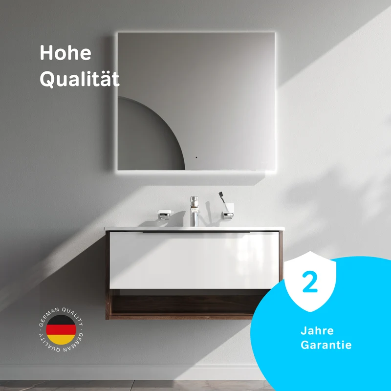 Waschtischunterschrank mit Waschbecken, 80 cm, 1 Schublade und offene Nische, Weiß glänzend – MNA-FHX0801WG-WCC0802WG