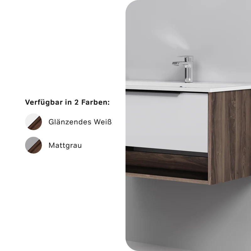 Waschtischunterschrank mit Waschbecken, 80 cm, 1 Schublade und offene Nische, Weiß glänzend – MNA-FHX0801WG-WCC0802WG