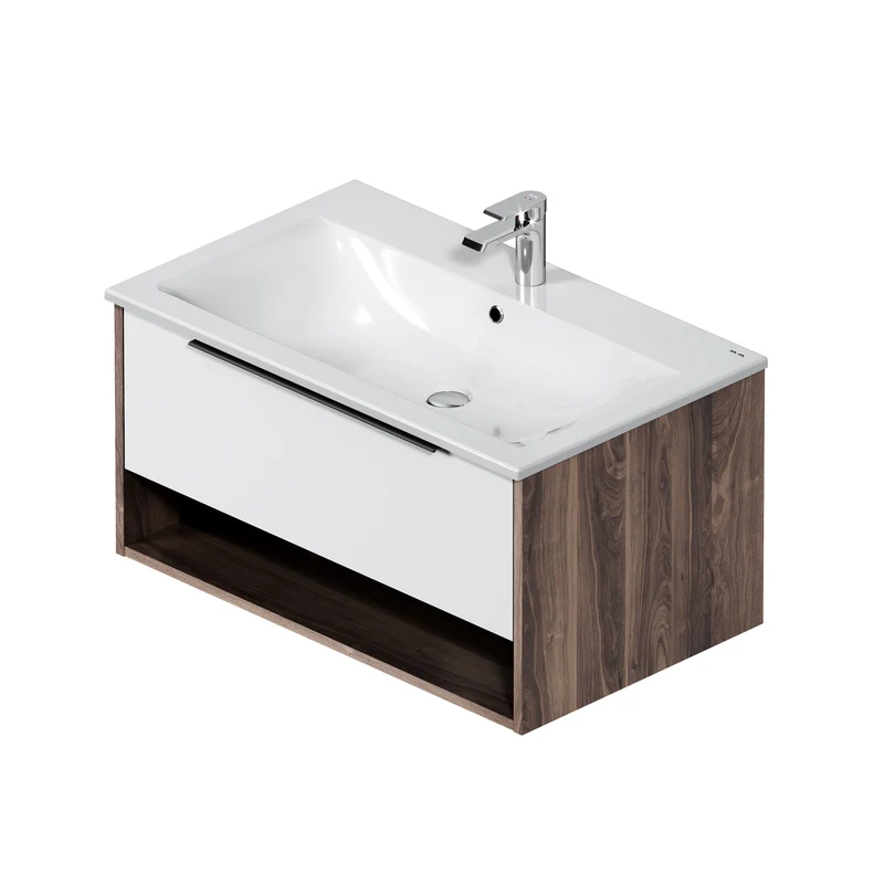 Waschtischunterschrank mit Waschbecken, 80 cm, 1 Schublade und offene Nische, Weiß glänzend – MNA-FHX0801WG-WCC0802WG