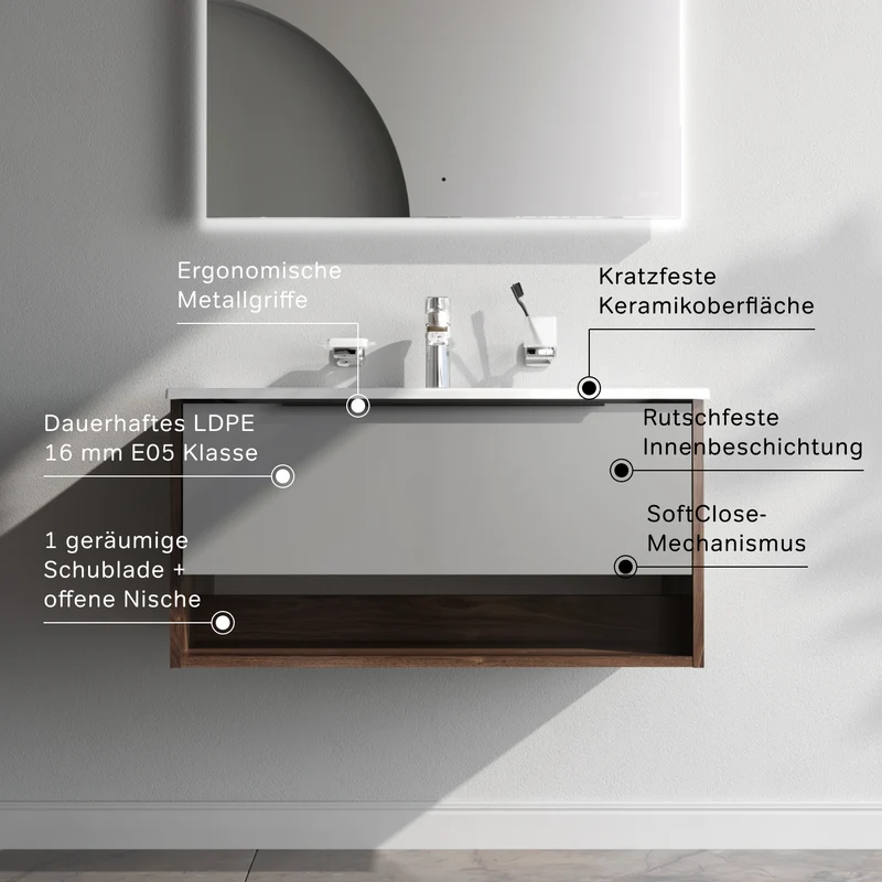 Waschtischunterschrank mit Waschbecken, 80 cm, 1 Schublade und offene Nische, Graphit matt – MNA-FHX0801GM-WCC0802WG