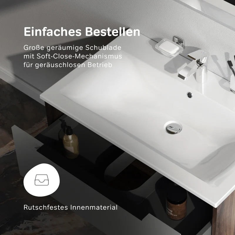 Waschtischunterschrank mit Waschbecken, 80 cm, 1 Schublade und offene Nische, Graphit matt – MNA-FHX0801GM-WCC0802WG