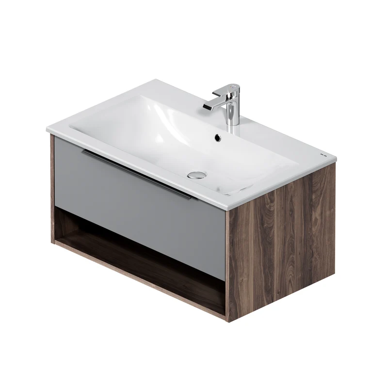 Waschtischunterschrank mit Waschbecken, 80 cm, 1 Schublade und offene Nische, Graphit matt – MNA-FHX0801GM-WCC0802WG