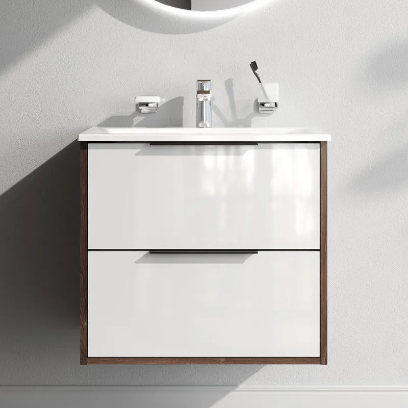 Waschtischunterschrank mit Waschbecken, 60 cm, 2 Schubladen, Weiß glänzend – MNA-FHX0602WG-WCC0602WG