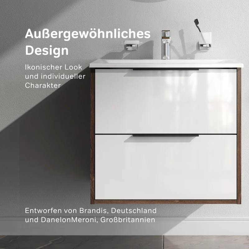 Waschtischunterschrank mit Waschbecken, 60 cm, 2 Schubladen, Weiß glänzend – MNA-FHX0602WG-WCC0602WG