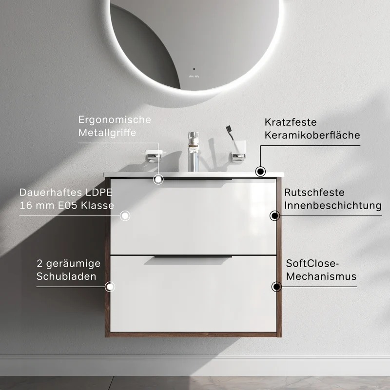 Waschtischunterschrank mit Waschbecken, 60 cm, 2 Schubladen, Weiß glänzend – MNA-FHX0602WG-WCC0602WG