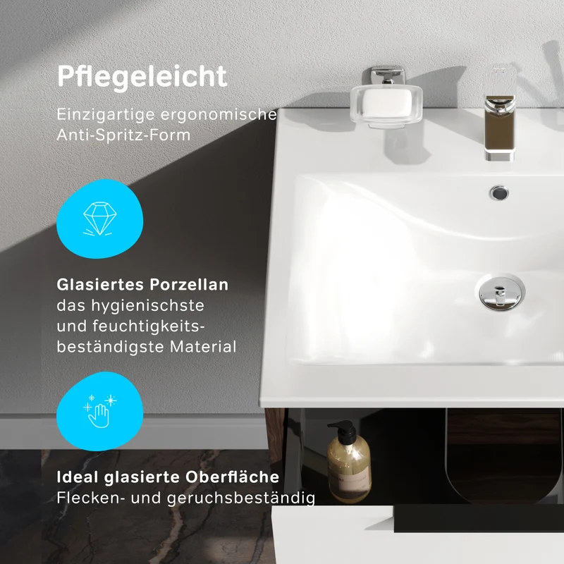 Waschtischunterschrank mit Waschbecken, 60 cm, 2 Schubladen, Weiß glänzend – MNA-FHX0602WG-WCC0602WG