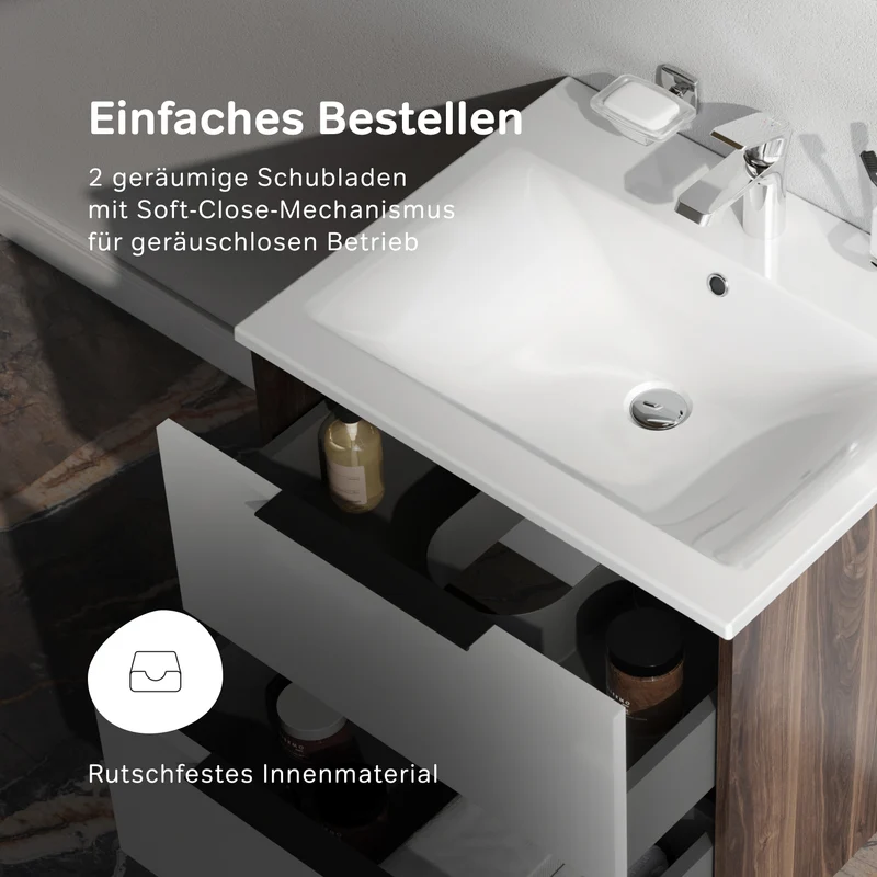 Waschtischunterschrank mit Waschbecken, 60 cm, 2 Schubladen, Weiß glänzend – MNA-FHX0602WG-WCC0602WG