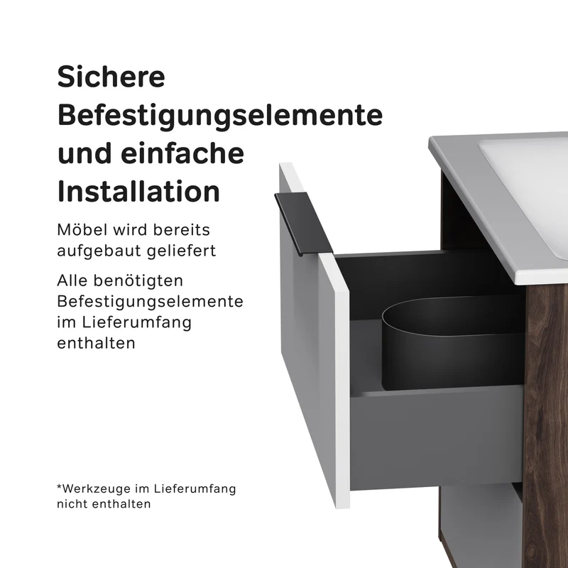 Waschtischunterschrank mit Waschbecken, 60 cm, 2 Schubladen, Weiß glänzend – MNA-FHX0602WG-WCC0602WG