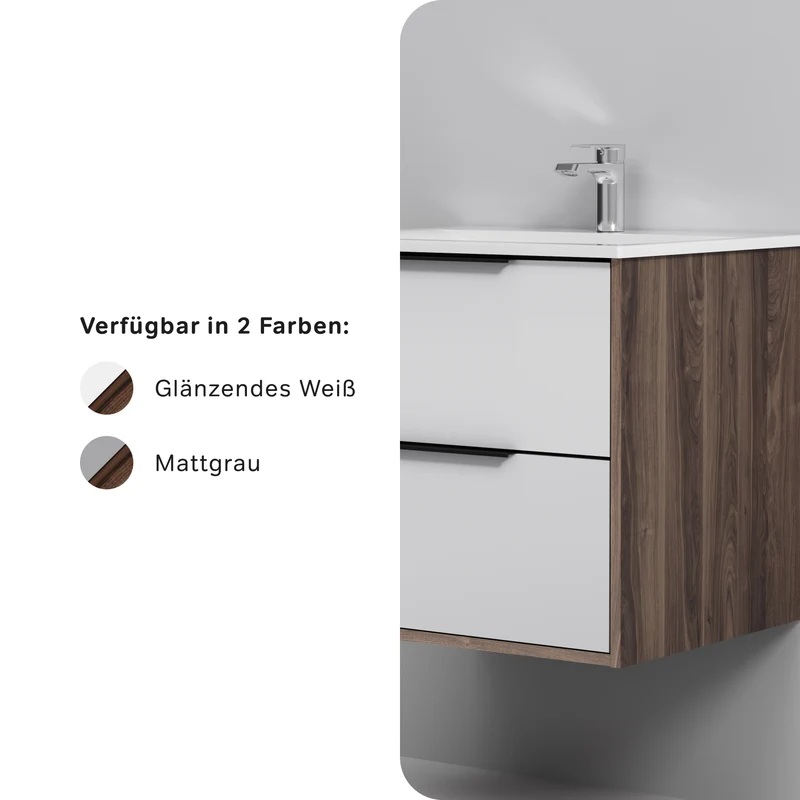Waschtischunterschrank mit Waschbecken, 60 cm, 2 Schubladen, Weiß glänzend – MNA-FHX0602WG-WCC0602WG