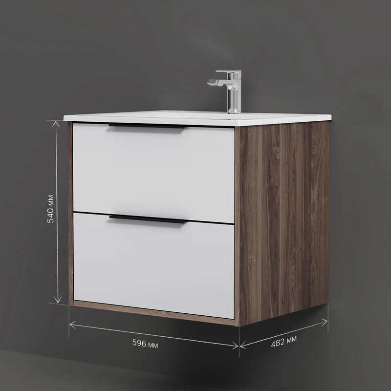 Waschtischunterschrank mit Waschbecken, 60 cm, 2 Schubladen, Weiß glänzend – MNA-FHX0602WG-WCC0602WG