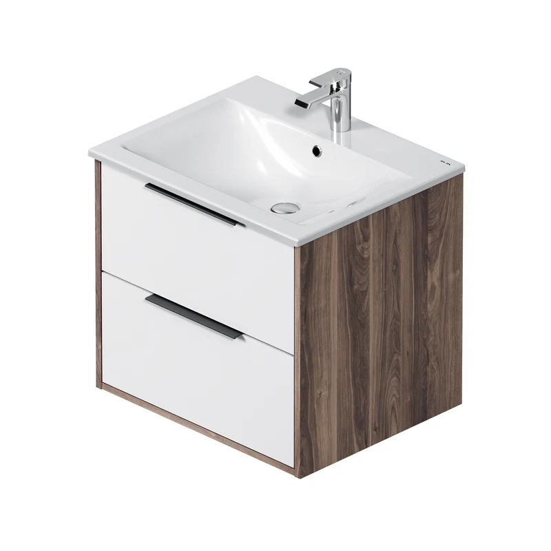 Waschtischunterschrank mit Waschbecken, 60 cm, 2 Schubladen, Weiß glänzend – MNA-FHX0602WG-WCC0602WG