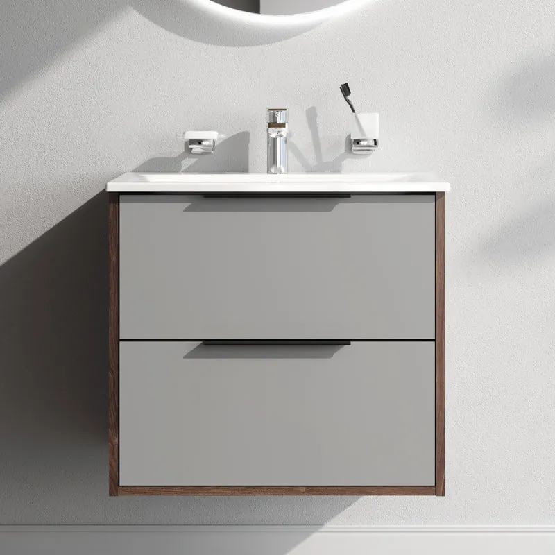 Waschtischunterschrank mit Waschbecken, 60 cm, 2 Schubladen, Graphit matt – MNA-FHX0602GM-WCC0602WG