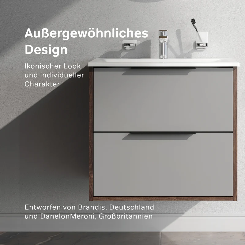 Waschtischunterschrank mit Waschbecken, 60 cm, 2 Schubladen, Graphit matt – MNA-FHX0602GM-WCC0602WG