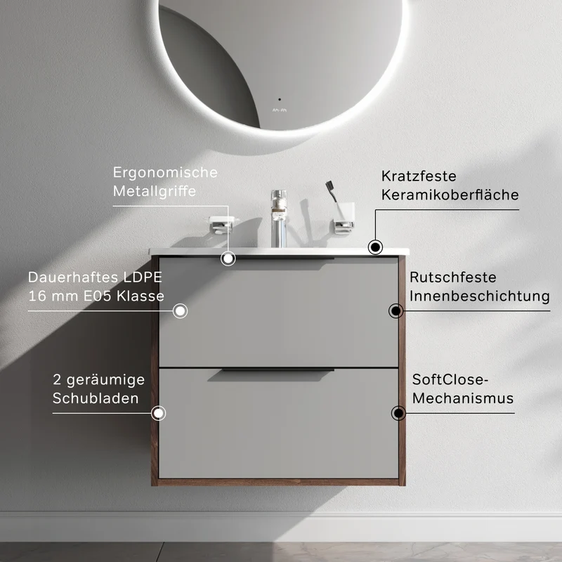 Waschtischunterschrank mit Waschbecken, 60 cm, 2 Schubladen, Graphit matt – MNA-FHX0602GM-WCC0602WG