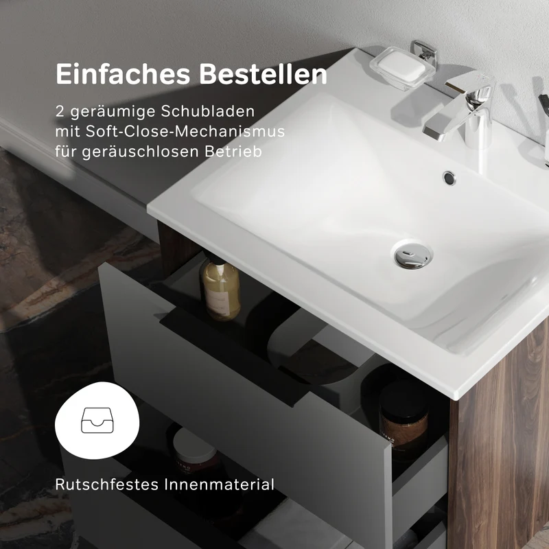 Waschtischunterschrank mit Waschbecken, 60 cm, 2 Schubladen, Graphit matt – MNA-FHX0602GM-WCC0602WG