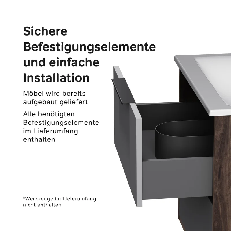 Waschtischunterschrank mit Waschbecken, 60 cm, 2 Schubladen, Graphit matt – MNA-FHX0602GM-WCC0602WG