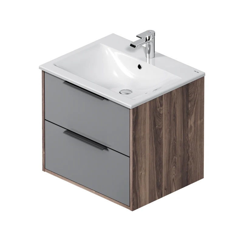 Waschtischunterschrank mit Waschbecken, 60 cm, 2 Schubladen, Graphit matt – MNA-FHX0602GM-WCC0602WG