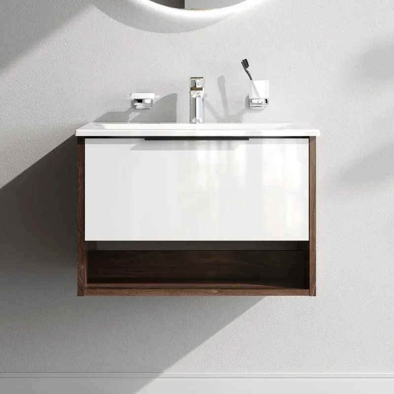 Waschtischunterschrank mit Waschbecken, 60 cm, 1 Schublade und offene Nische, Weiß glänzend – MNA-FHX0601WG-WCC0602WG