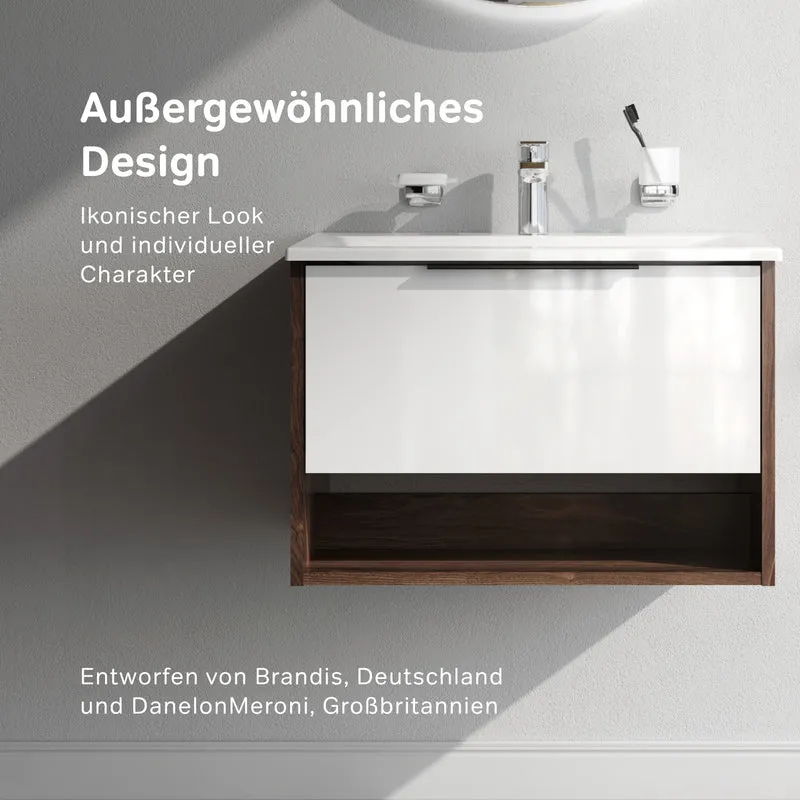 Waschtischunterschrank mit Waschbecken, 60 cm, 1 Schublade und offene Nische, Weiß glänzend – MNA-FHX0601WG-WCC0602WG
