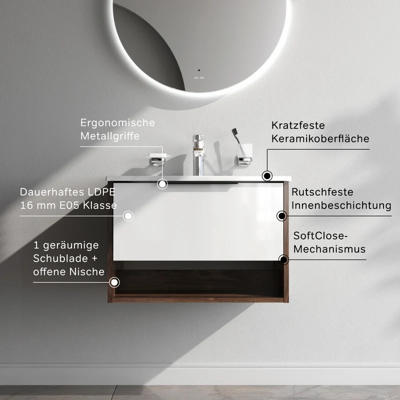 Waschtischunterschrank mit Waschbecken, 60 cm, 1 Schublade und offene Nische, Weiß glänzend – MNA-FHX0601WG-WCC0602WG