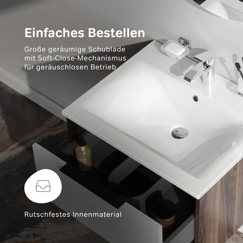 Waschtischunterschrank mit Waschbecken, 60 cm, 1 Schublade und offene Nische, Weiß glänzend – MNA-FHX0601WG-WCC0602WG