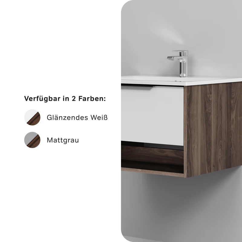 Waschtischunterschrank mit Waschbecken, 60 cm, 1 Schublade und offene Nische, Weiß glänzend – MNA-FHX0601WG-WCC0602WG
