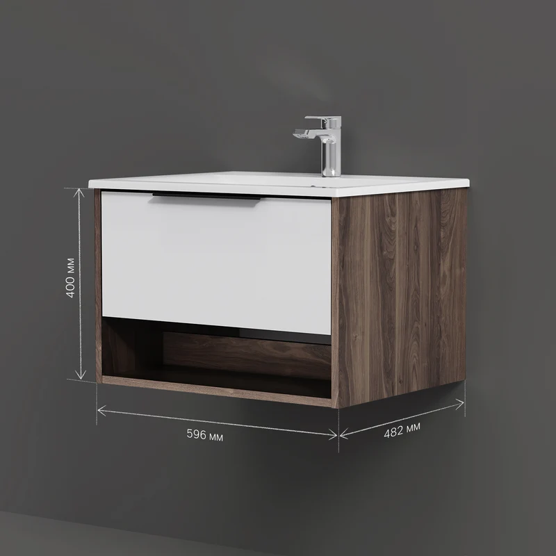 Waschtischunterschrank mit Waschbecken, 60 cm, 1 Schublade und offene Nische, Weiß glänzend – MNA-FHX0601WG-WCC0602WG