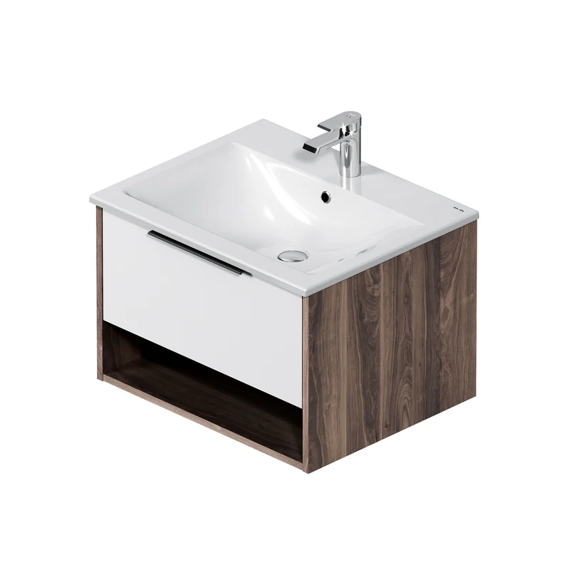 Waschtischunterschrank mit Waschbecken, 60 cm, 1 Schublade und offene Nische, Weiß glänzend – MNA-FHX0601WG-WCC0602WG