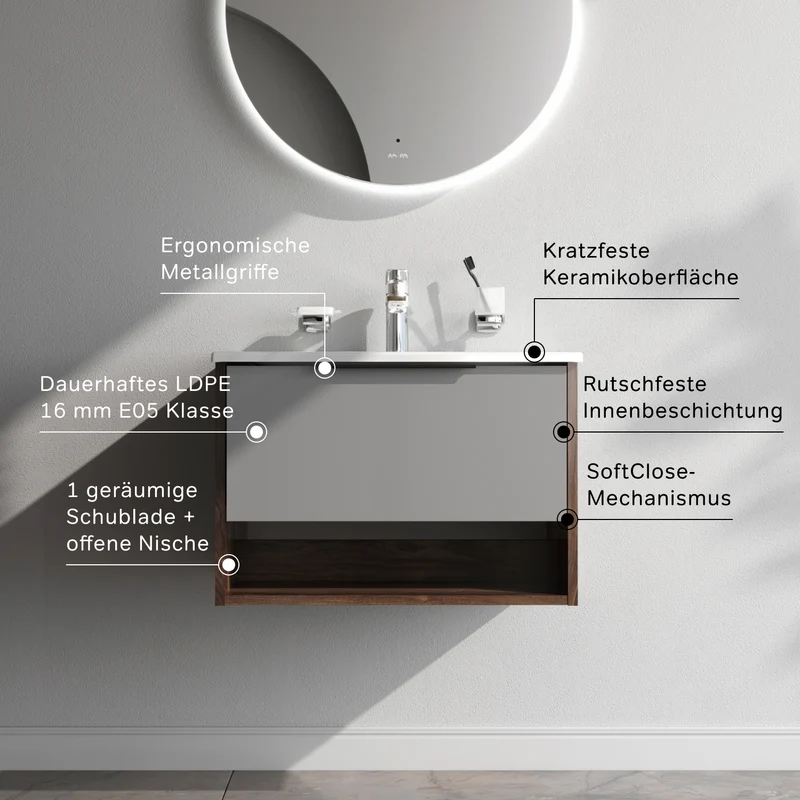 Waschtischunterschrank mit Waschbecken, 60 cm, 1 Schublade und offene Nische, Graphit matt – MNA-FHX0601GM-WCC0602WG