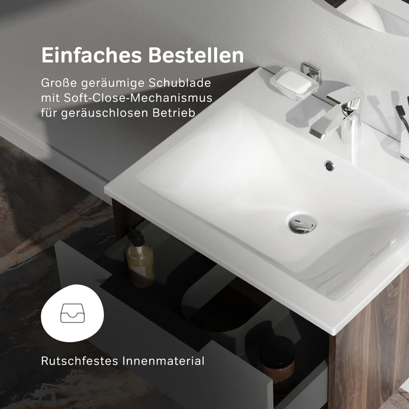 Waschtischunterschrank mit Waschbecken, 60 cm, 1 Schublade und offene Nische, Graphit matt – MNA-FHX0601GM-WCC0602WG