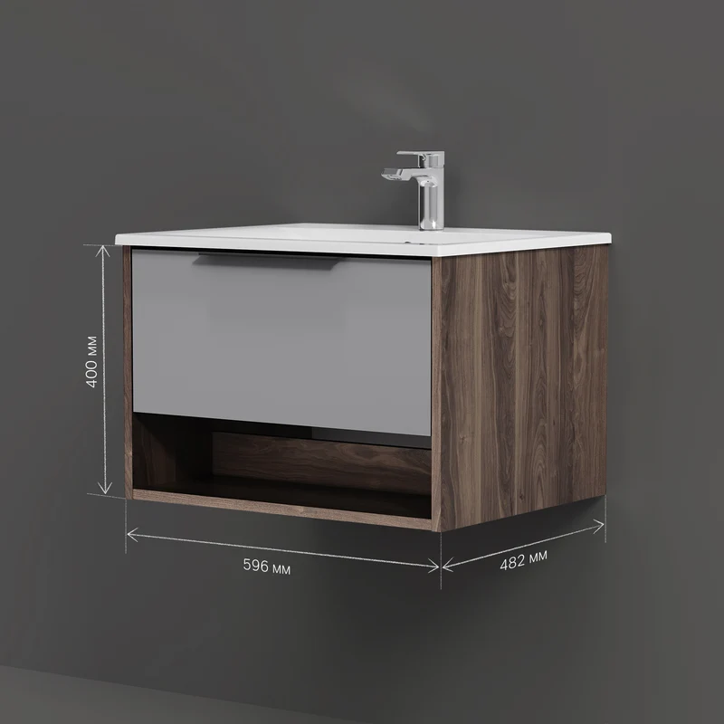 Waschtischunterschrank mit Waschbecken, 60 cm, 1 Schublade und offene Nische, Graphit matt – MNA-FHX0601GM-WCC0602WG