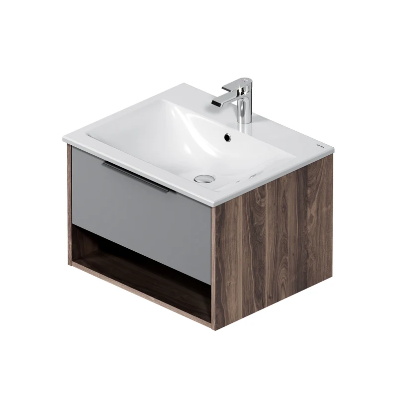Waschtischunterschrank mit Waschbecken, 60 cm, 1 Schublade und offene Nische, Graphit matt – MNA-FHX0601GM-WCC0602WG