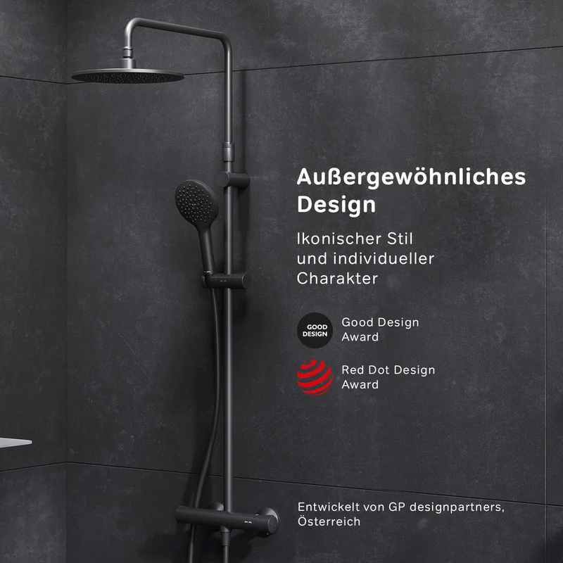 Duschsystem Like mit Thermostat und Regendusche, Schwarz – F07LA422