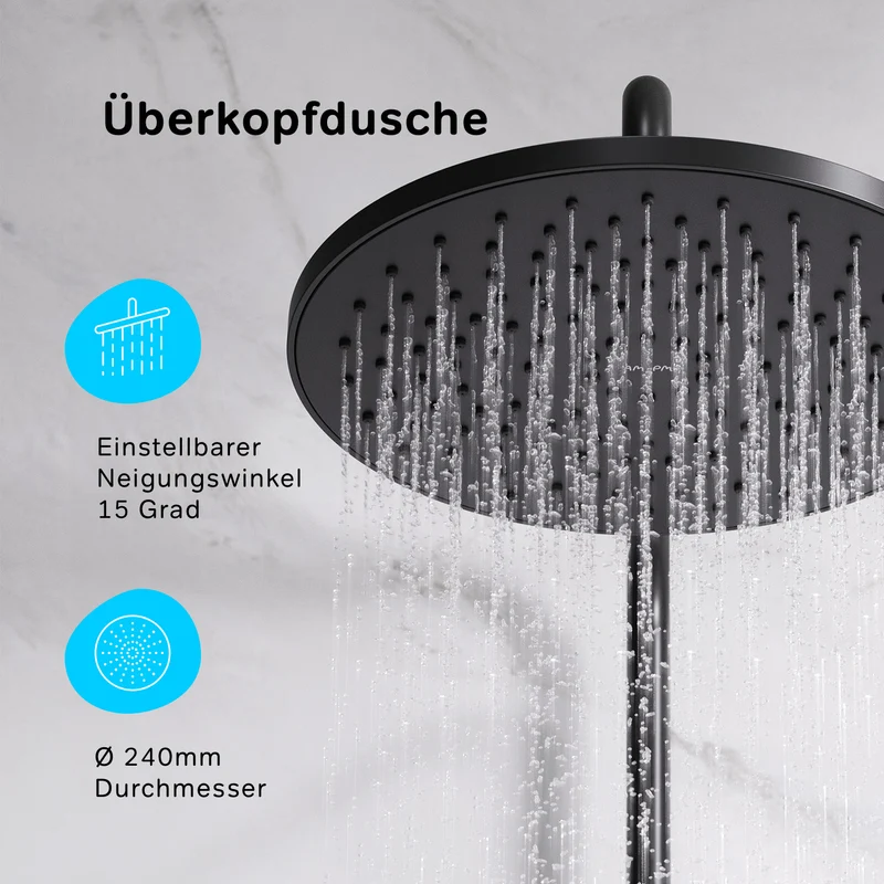 Duschsystem Like mit Thermostat und Regendusche, Schwarz – F07LA422