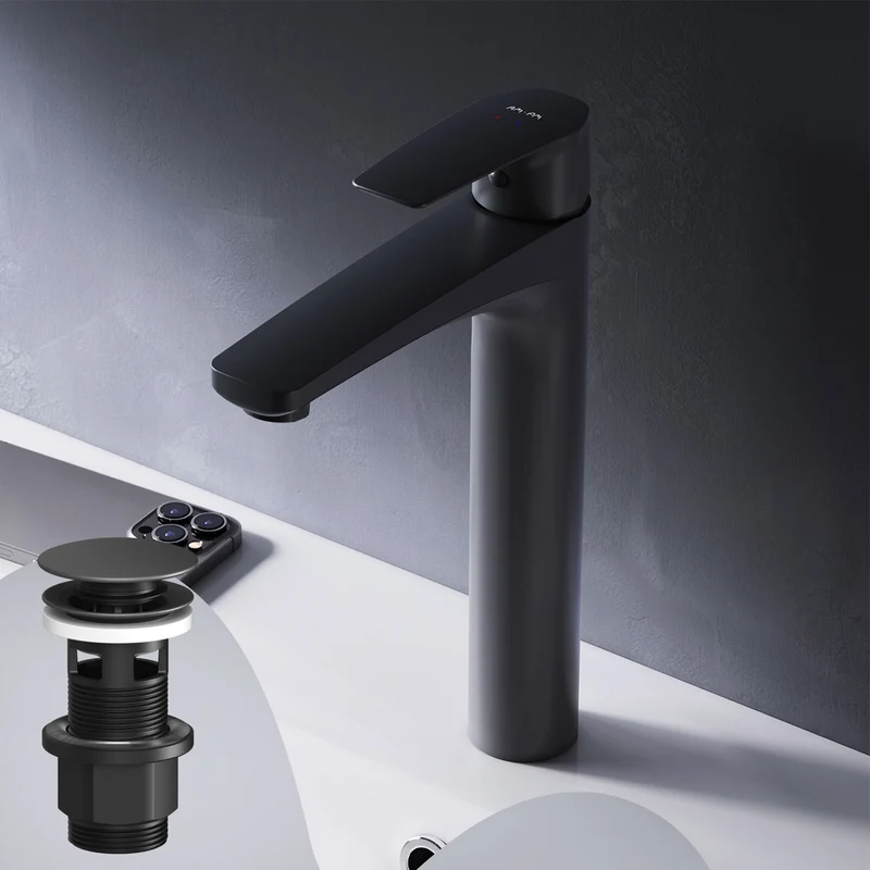 Hohe Waschtischarmatur Gem mit Klick-Ablaufgarnitur, Schwarz – FGA92222
