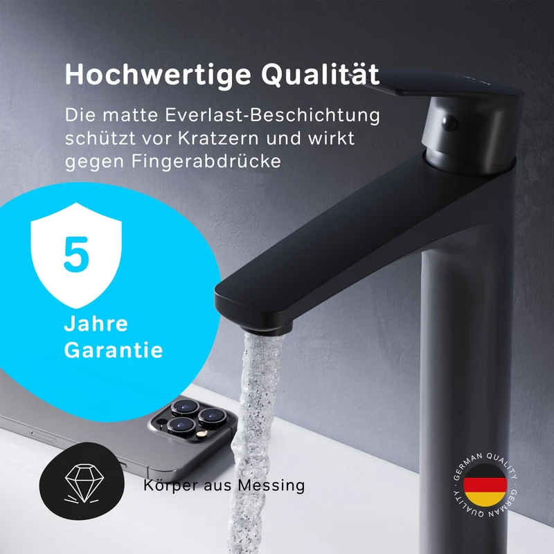Hohe Waschtischarmatur Gem mit Klick-Ablaufgarnitur, Schwarz – FGA92222