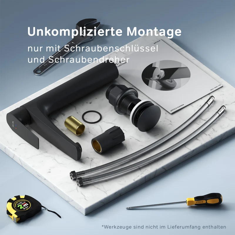 Hohe Waschtischarmatur Gem mit Klick-Ablaufgarnitur, Schwarz – FGA92222